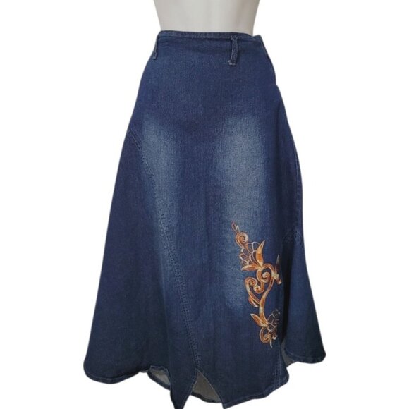 Unbranded Dresses & Skirts - VTG Y2K Denim Maxi Jean Skirt 12 Boho Grunge 2000s Embroidered Western Prairie